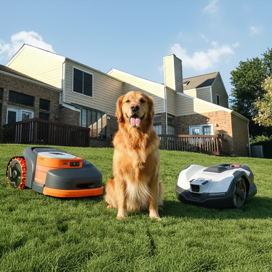 Robotfűnyíró és kutya
